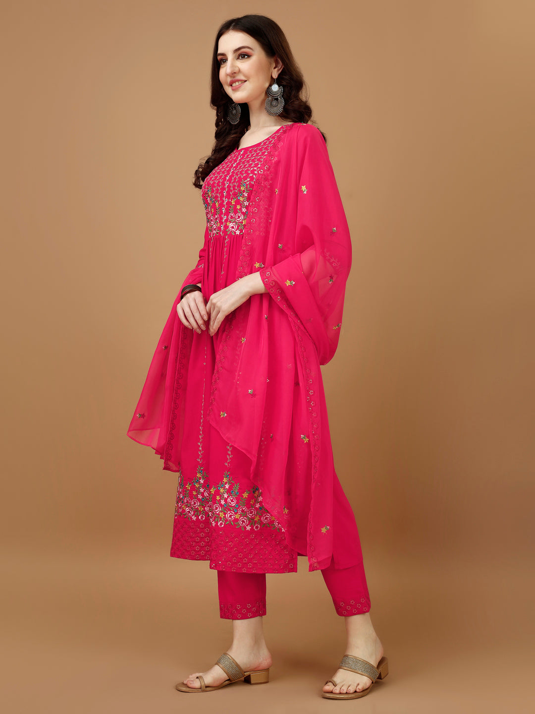 Nyra Cut Embroidered Kurta With Pant & Organza Embroidered Dupatta Luxury, Multicolor - Hiral Fashion