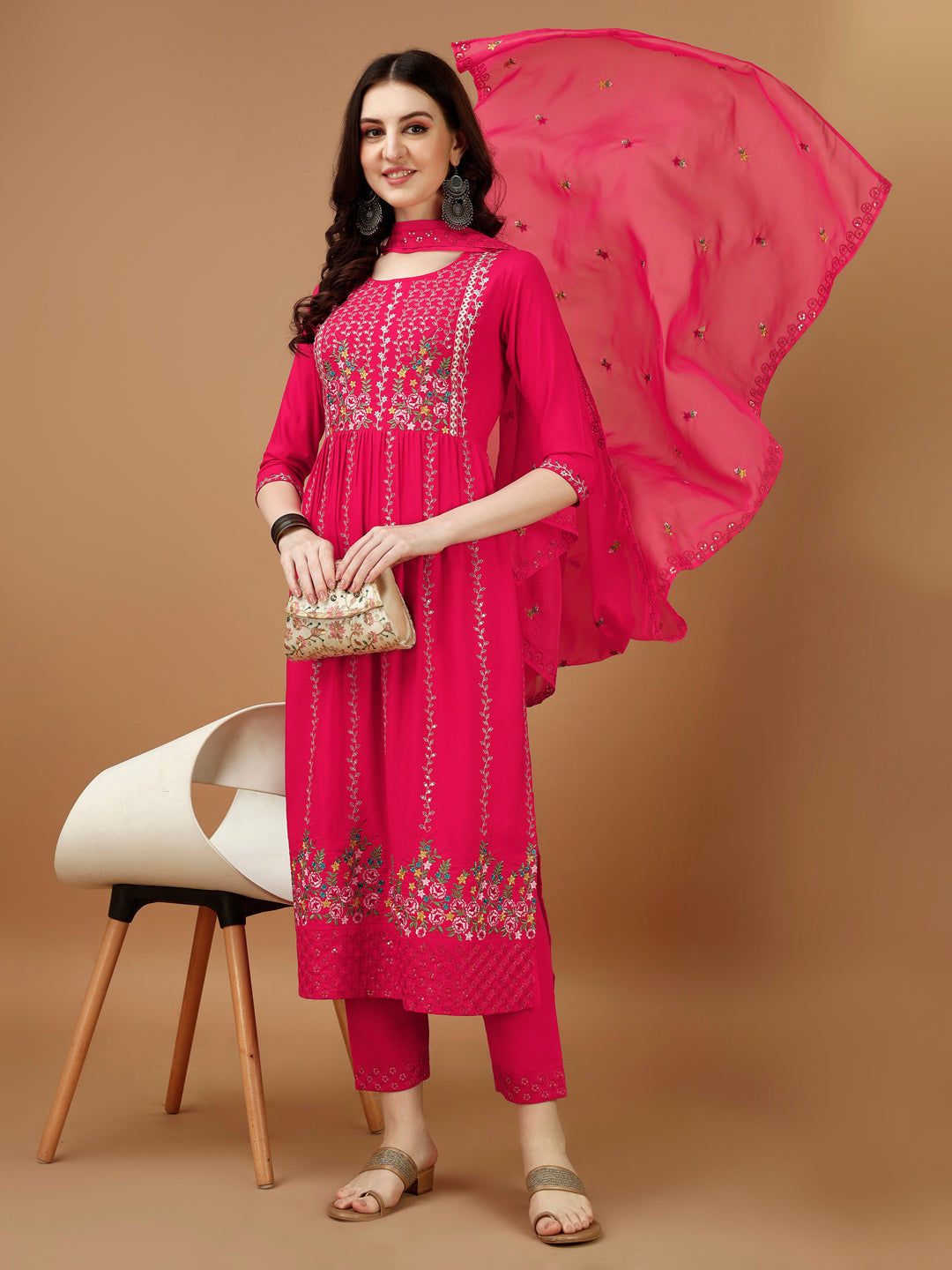 Nyra Cut Embroidered Kurta With Pant & Organza Embroidered Dupatta Luxury, Multicolor - Hiral Fashion