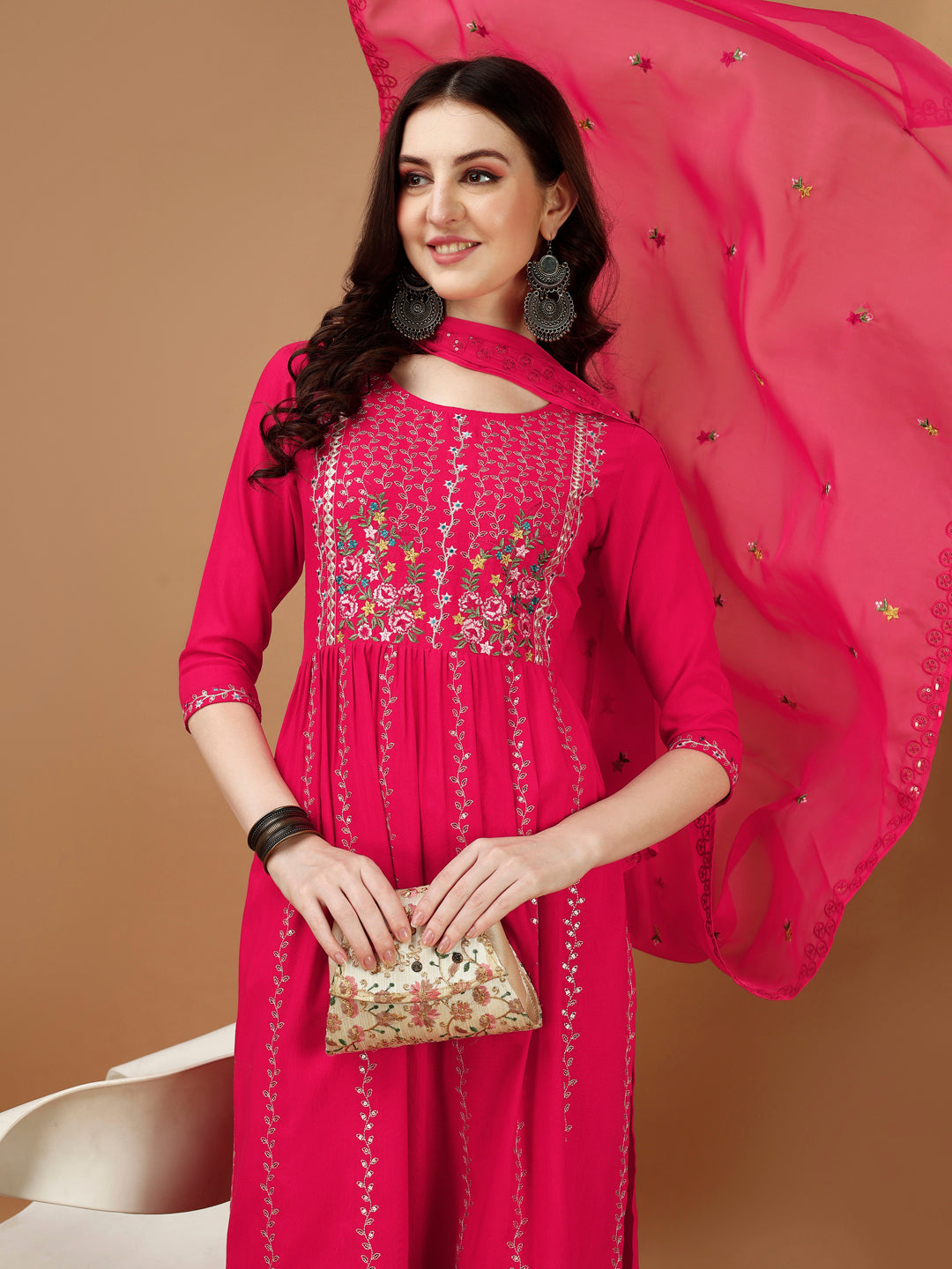 Nyra Cut Embroidered Kurta With Pant & Organza Embroidered Dupatta Luxury, Multicolor - Hiral Fashion