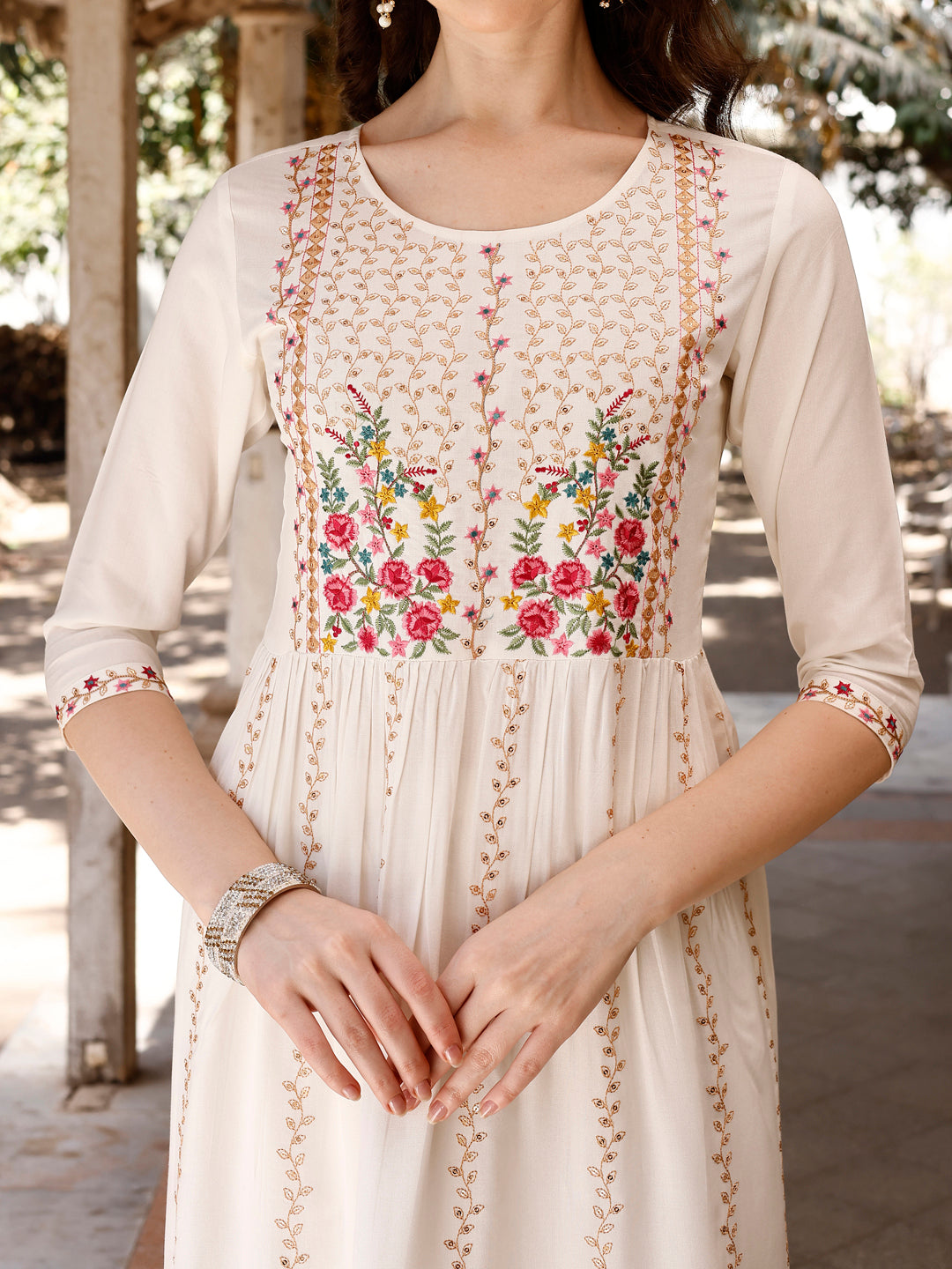 Nyra Cut Floral Front Embroidered Kurta With Pant & Organza Embroidered Dupatta Premium, Multicolor - Hiral Fashion