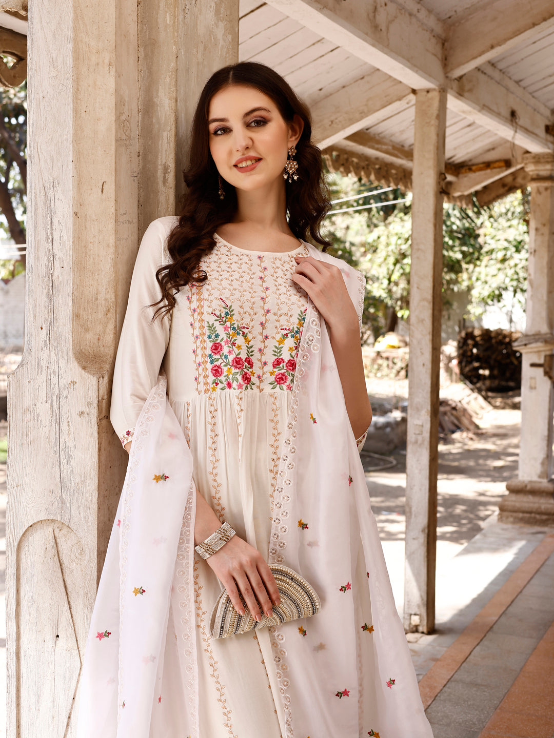 Nyra Cut Floral Front Embroidered Kurta With Pant & Organza Embroidered Dupatta Premium, Multicolor - Hiral Fashion