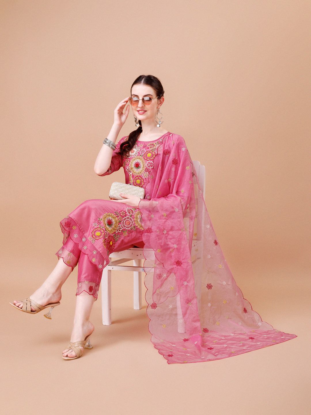 Hand Embroidered Kurta With Pant & Embroidered Organza Dupatta Premium, Multicolor - Hiral Fashion