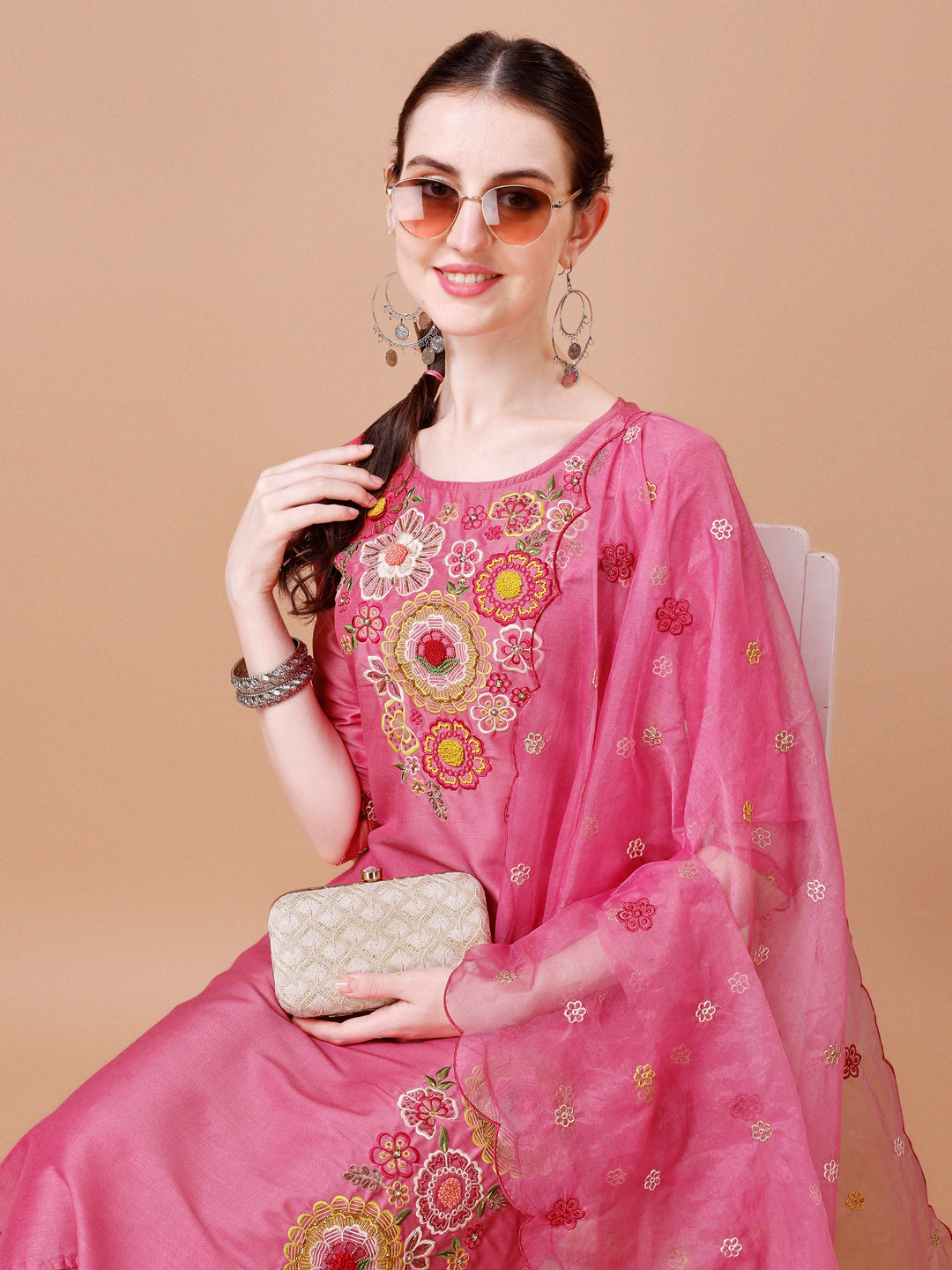 Hand Embroidered Kurta With Pant & Embroidered Organza Dupatta Premium, Multicolor - Hiral Fashion