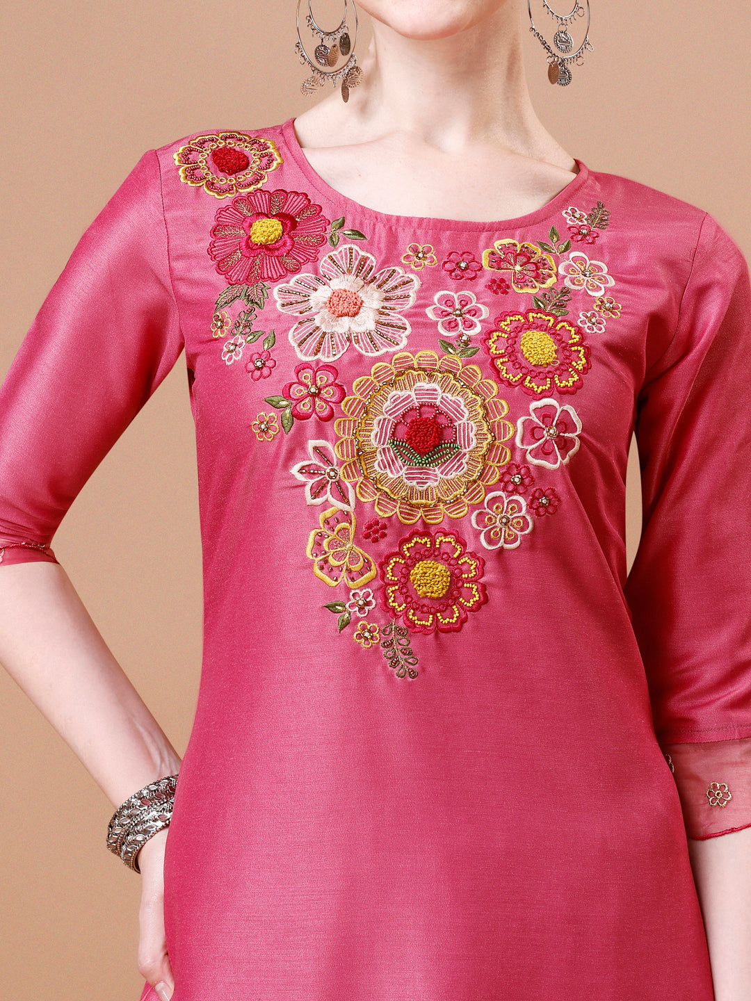 Hand Embroidered Kurta With Pant & Embroidered Organza Dupatta Premium, Multicolor - Hiral Fashion