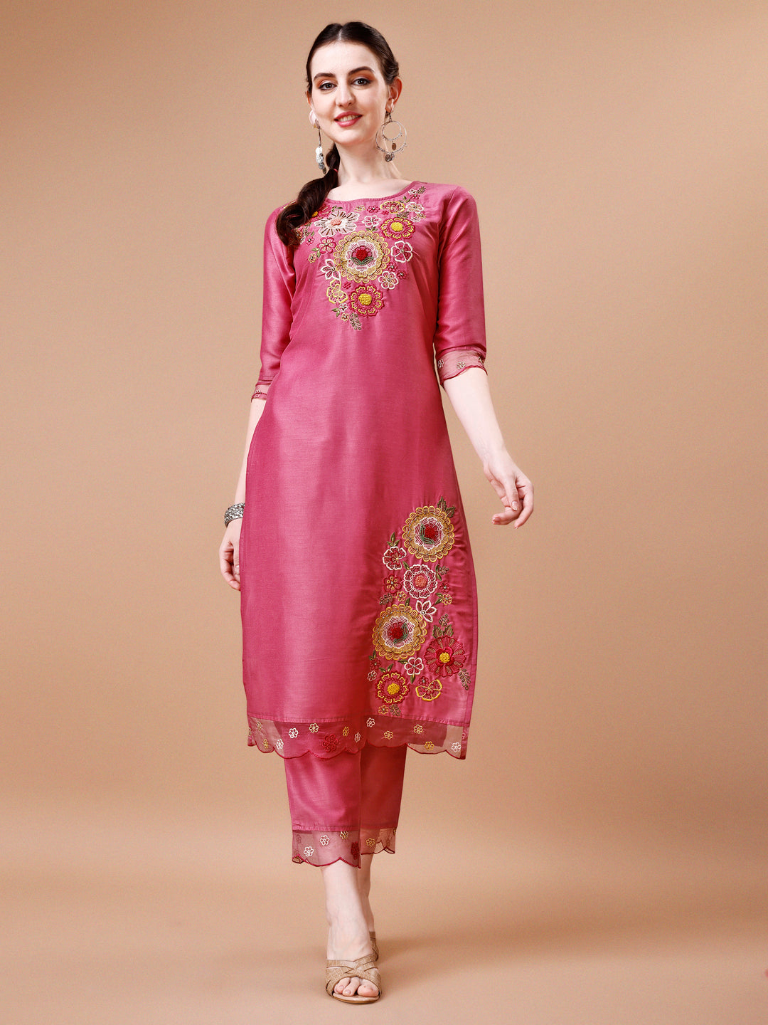 Hand Embroidered Kurta With Pant & Embroidered Organza Dupatta Premium, Multicolor - Hiral Fashion
