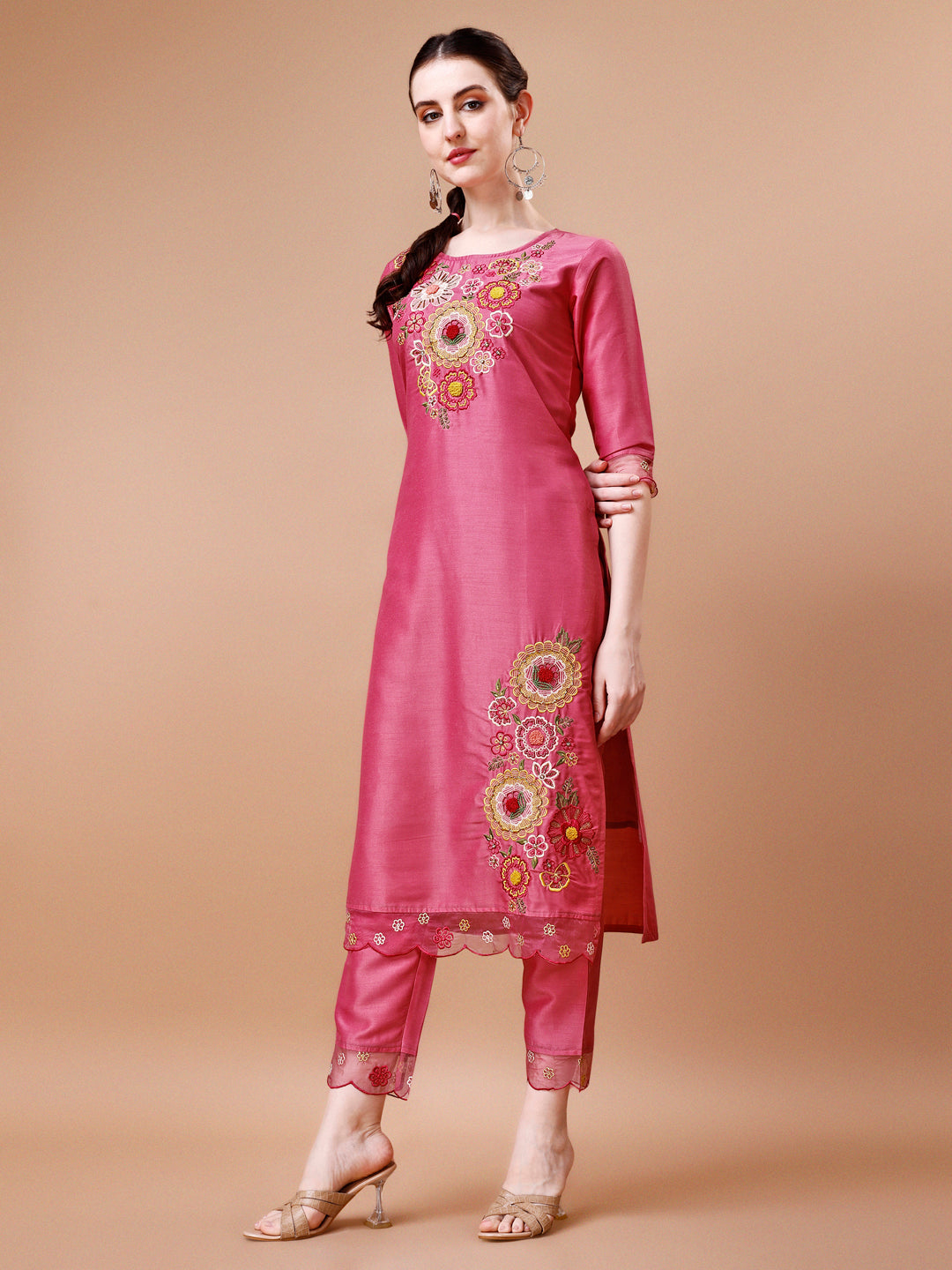 Hand Embroidered Kurta With Pant & Embroidered Organza Dupatta Premium, Multicolor - Hiral Fashion