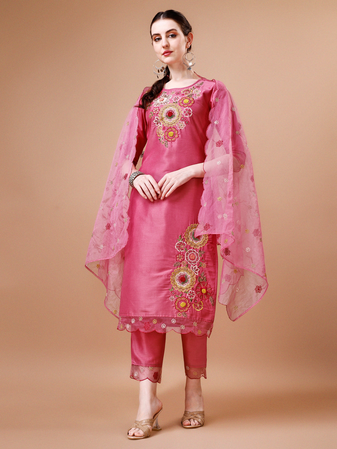 Hand Embroidered Kurta With Pant & Embroidered Organza Dupatta Premium, Multicolor - Hiral Fashion