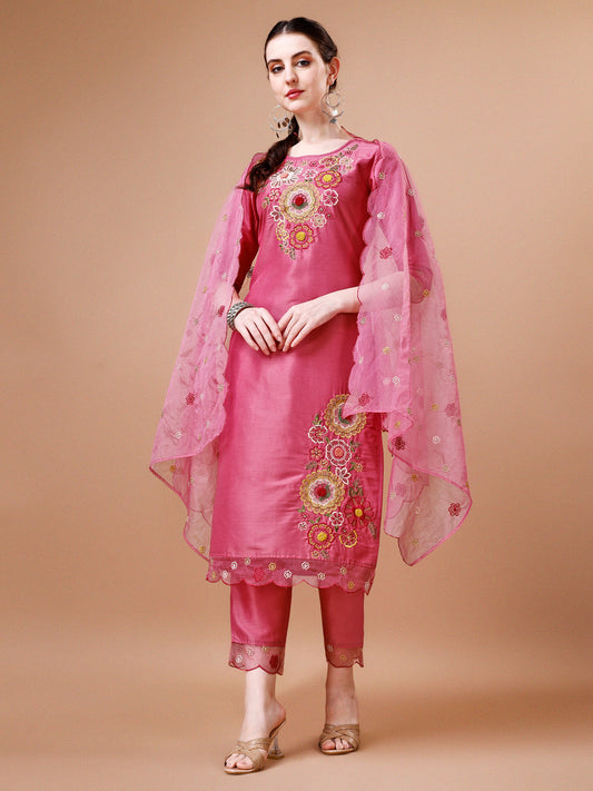 Hand Embroidered Kurta With Pant & Embroidered Organza Dupatta Premium, Multicolor - Hiral Fashion
