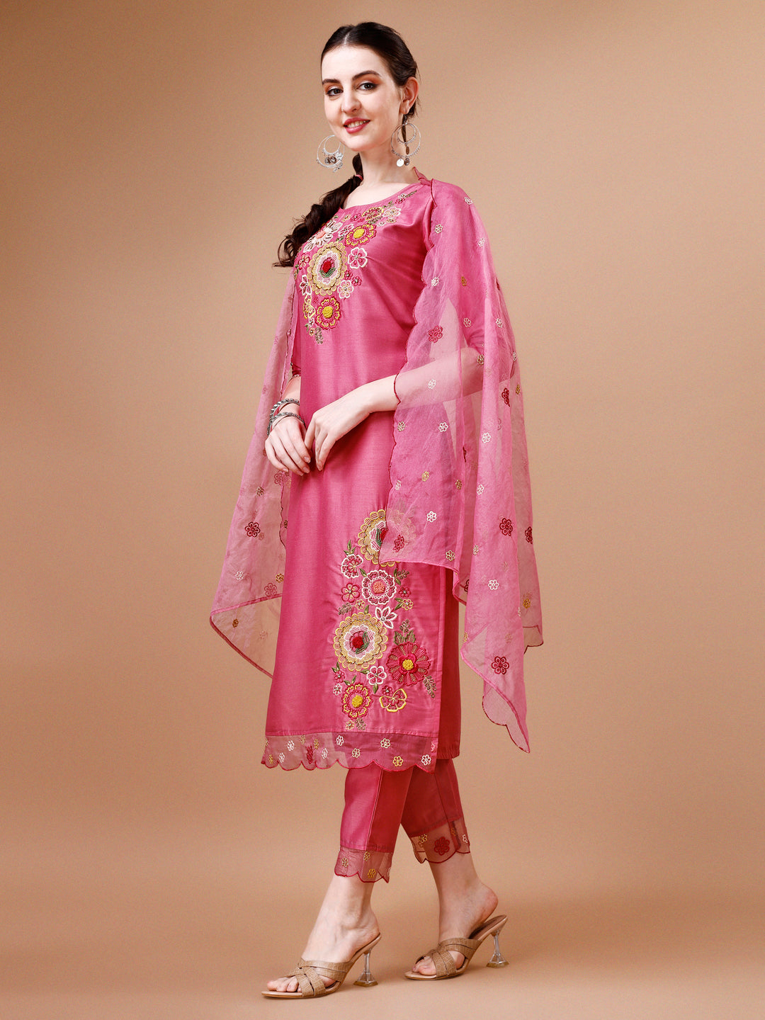 Hand Embroidered Kurta With Pant & Embroidered Organza Dupatta Premium, Multicolor - Hiral Fashion