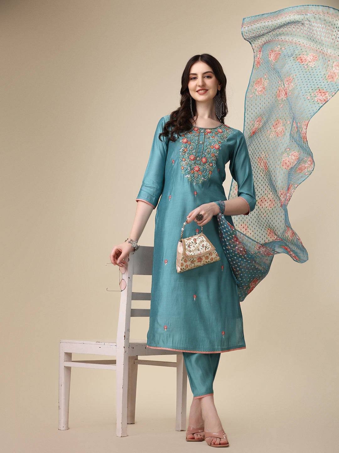 Hand Embroidered Kurta With Pant & Printed Dupatta Set, Multicolor - Hiral Fashion