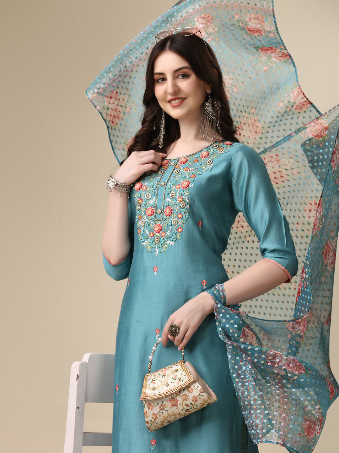 Hand Embroidered Kurta With Pant & Printed Dupatta Set, Multicolor - Hiral Fashion