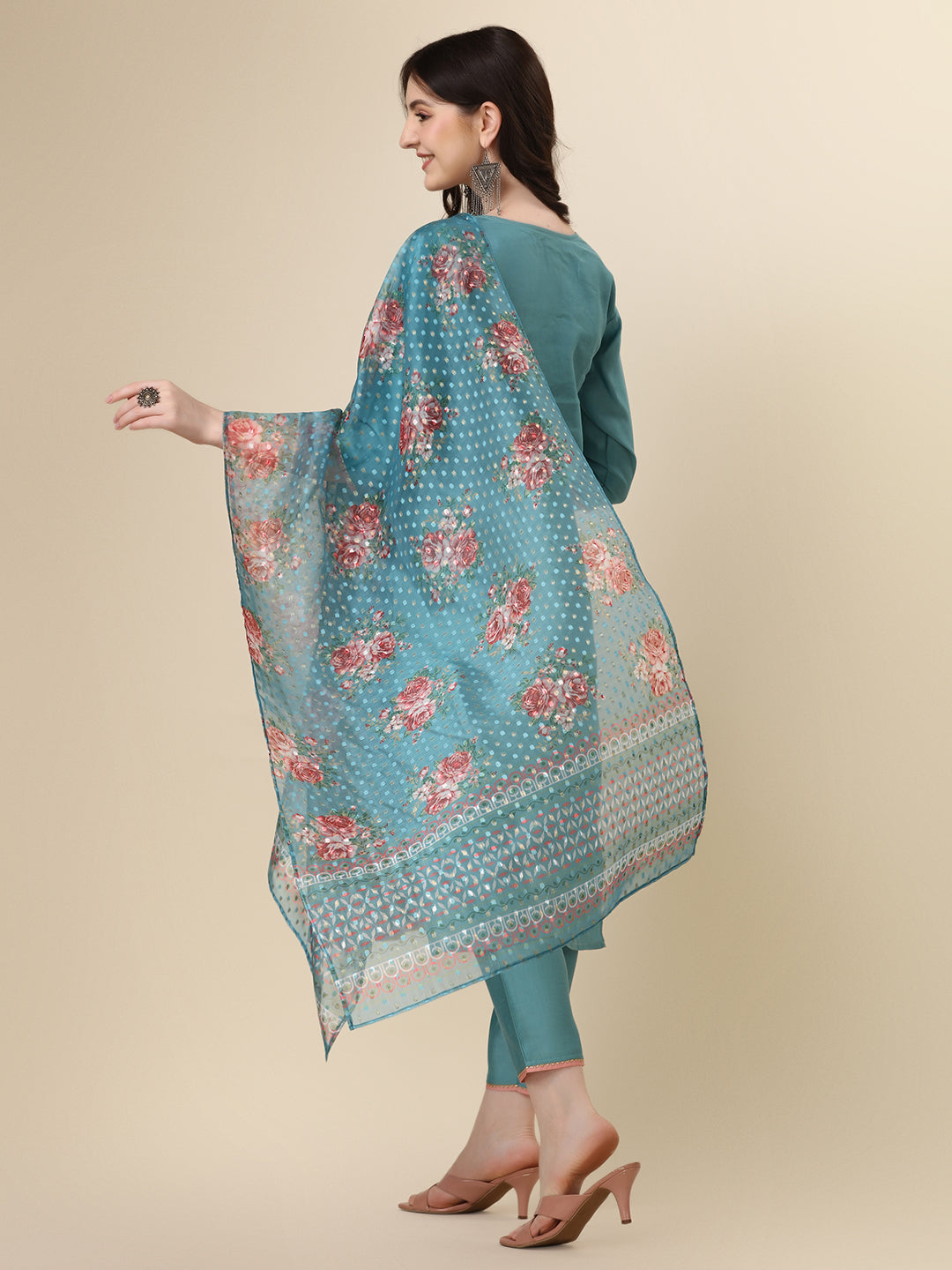 Hand Embroidered Kurta With Pant & Printed Dupatta Set, Multicolor - Hiral Fashion