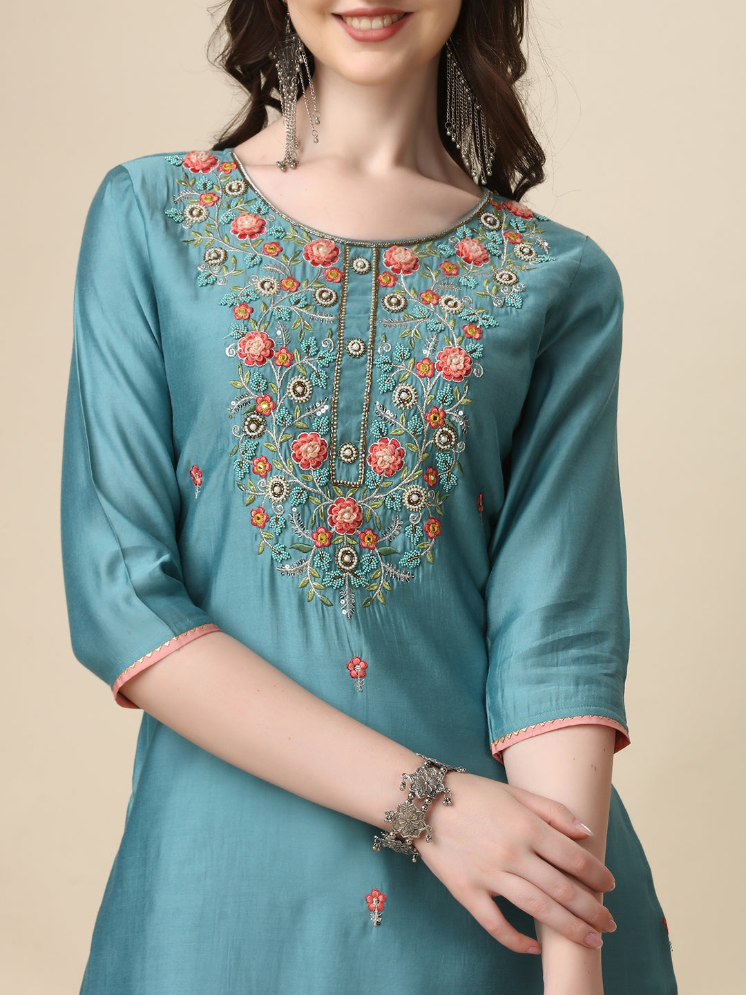 Hand Embroidered Kurta With Pant & Printed Dupatta Set, Multicolor - Hiral Fashion