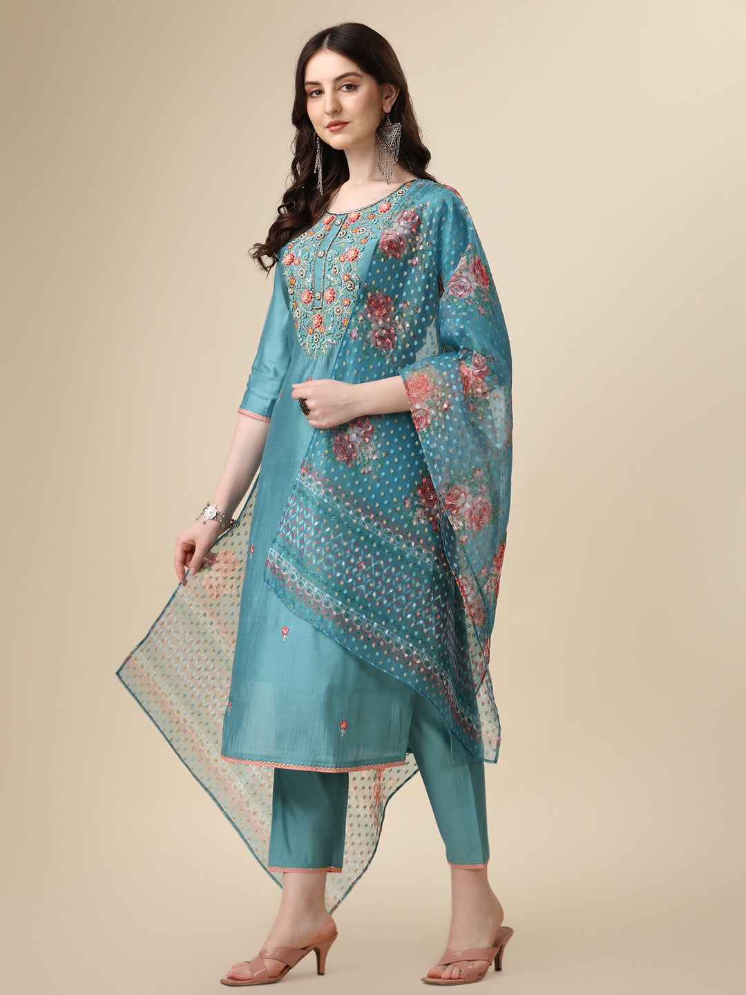 Hand Embroidered Kurta With Pant & Printed Dupatta Set, Multicolor - Hiral Fashion