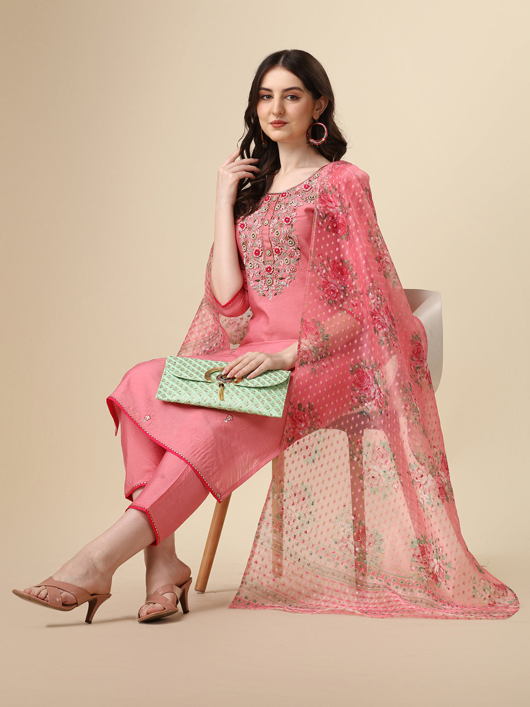 Embroidered Kurta With Pant & Printed Dupatta Set, Multicolor - Hiral Fashion