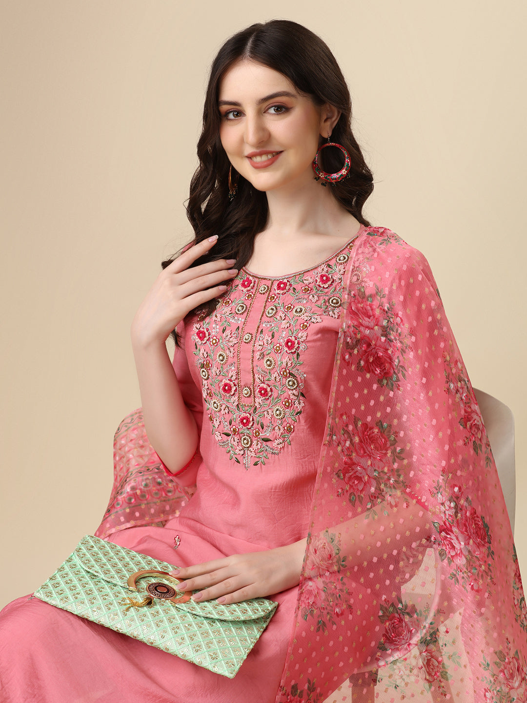 Embroidered Kurta With Pant & Printed Dupatta Set, Multicolor - Hiral Fashion