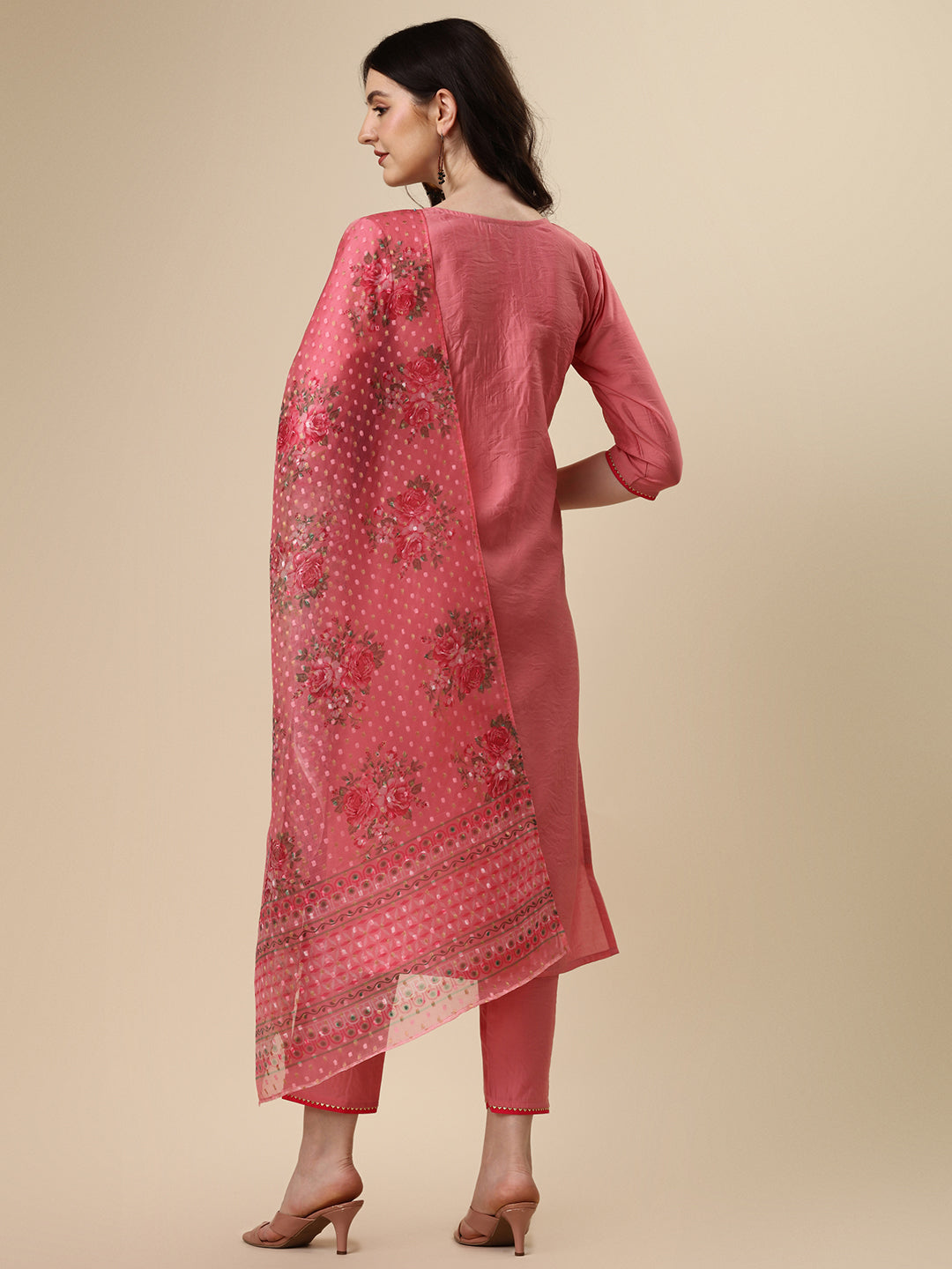Embroidered Kurta With Pant & Printed Dupatta Set, Multicolor - Hiral Fashion