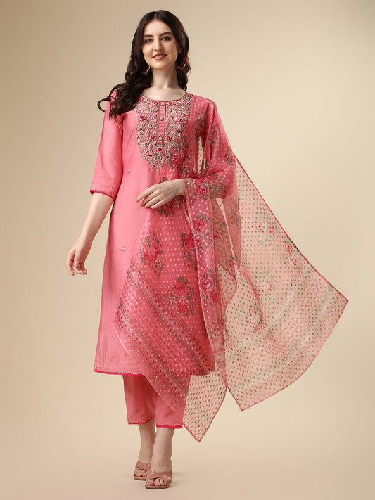 Embroidered Kurta With Pant & Printed Dupatta Set, Multicolor - Hiral Fashion