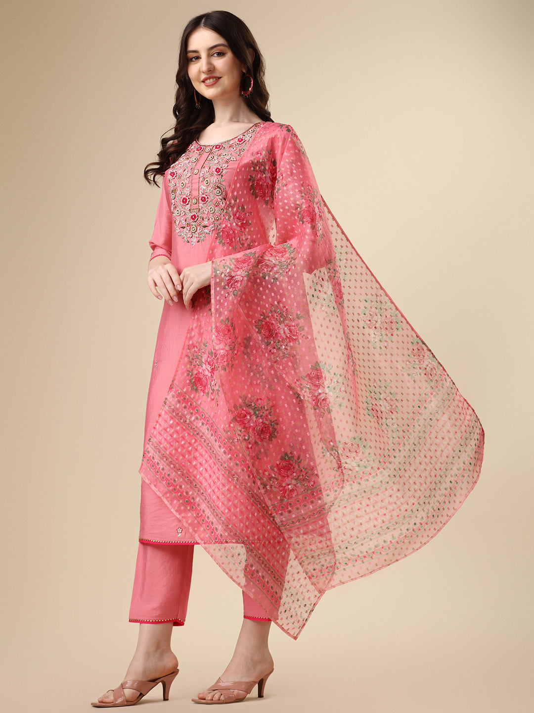 Embroidered Kurta With Pant & Printed Dupatta Set, Multicolor - Hiral Fashion