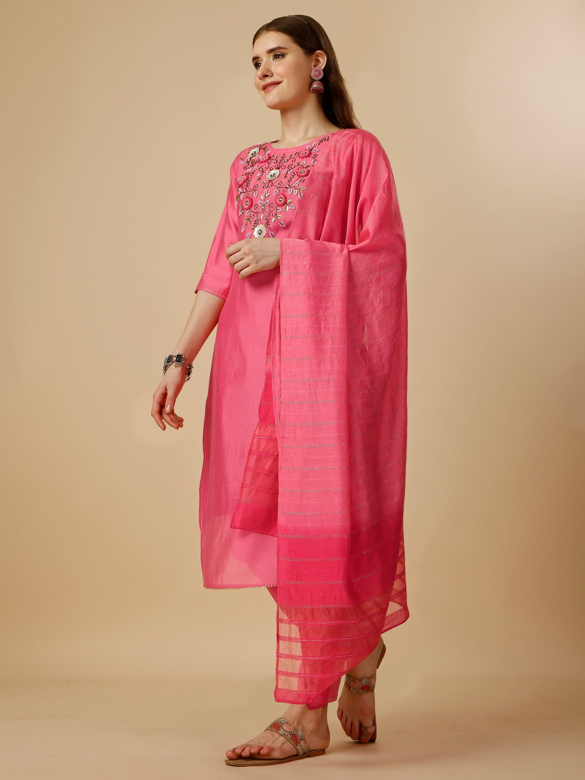 Embroidered Kurta With Pant And Dupatta Set, Multicolor - Hiral Fashion