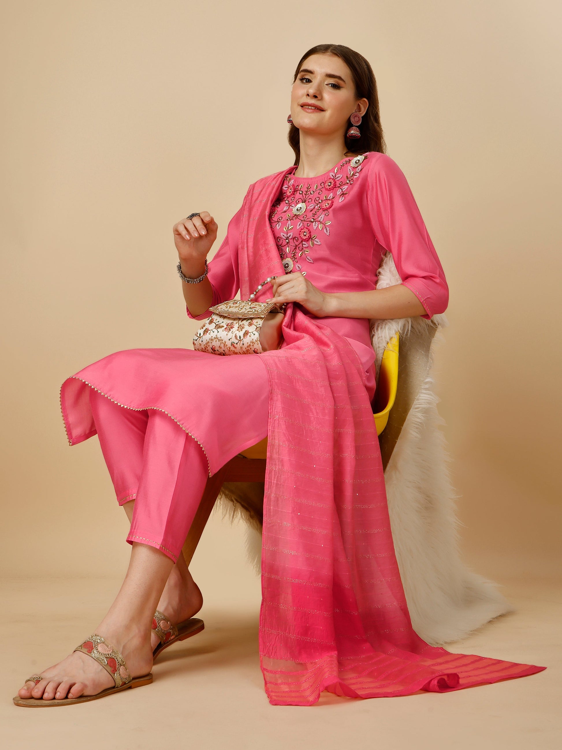 Embroidered Kurta With Pant And Dupatta Set, Multicolor - Hiral Fashion