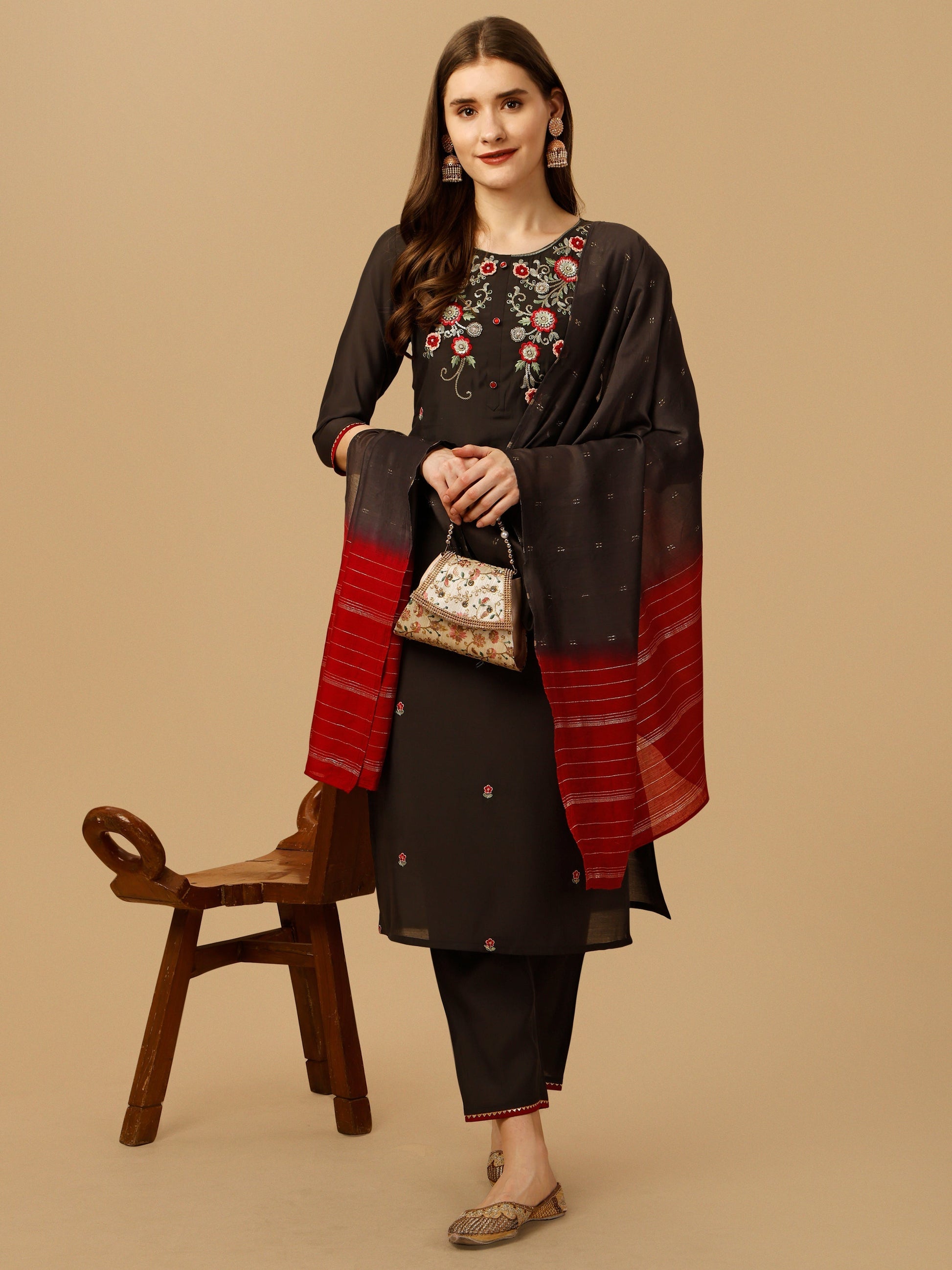 Hand Embroidered Kurta With Pant And Dupatta Set, Multicolor - Hiral Fashion