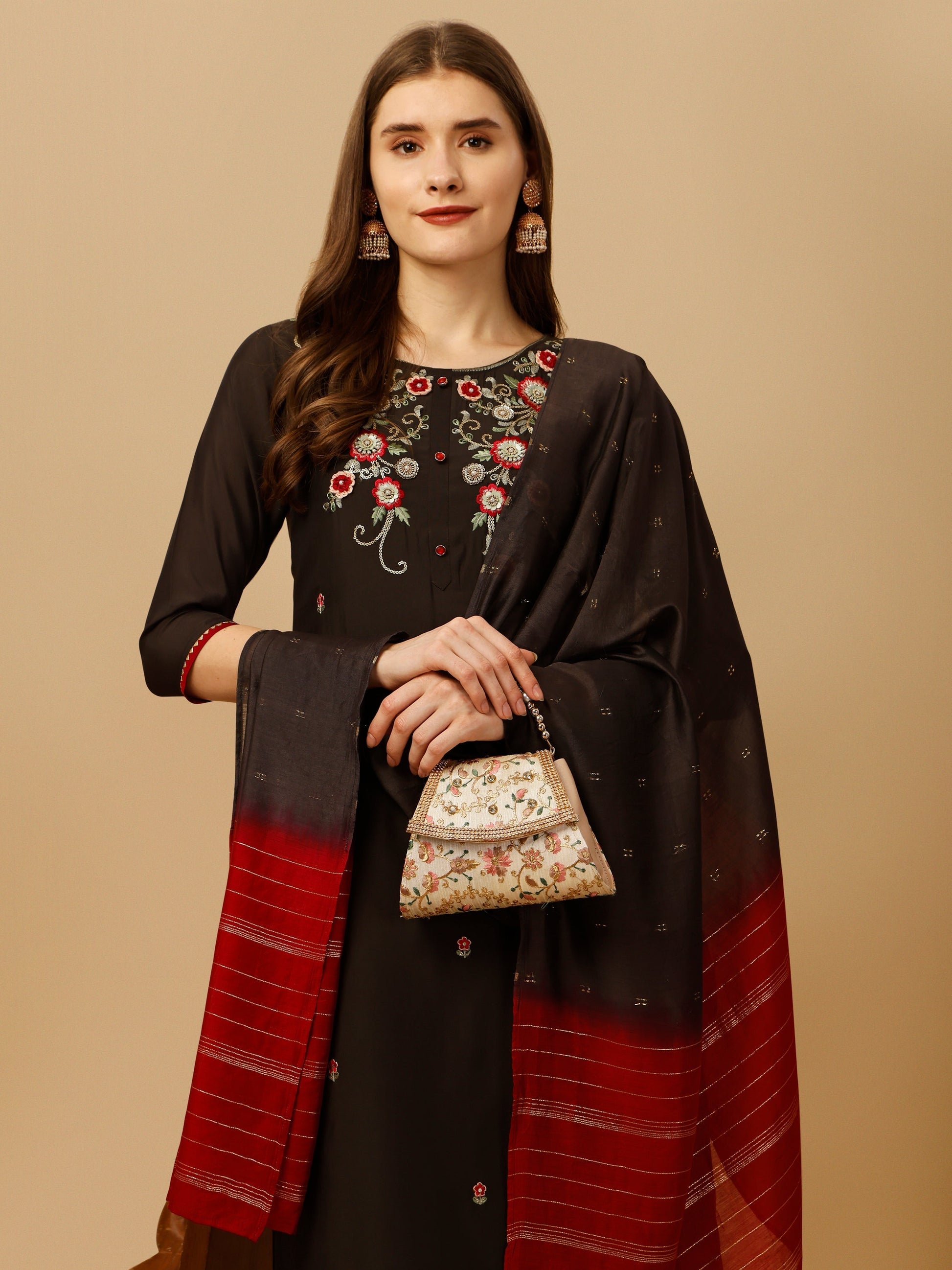Hand Embroidered Kurta With Pant And Dupatta Set, Multicolor - Hiral Fashion