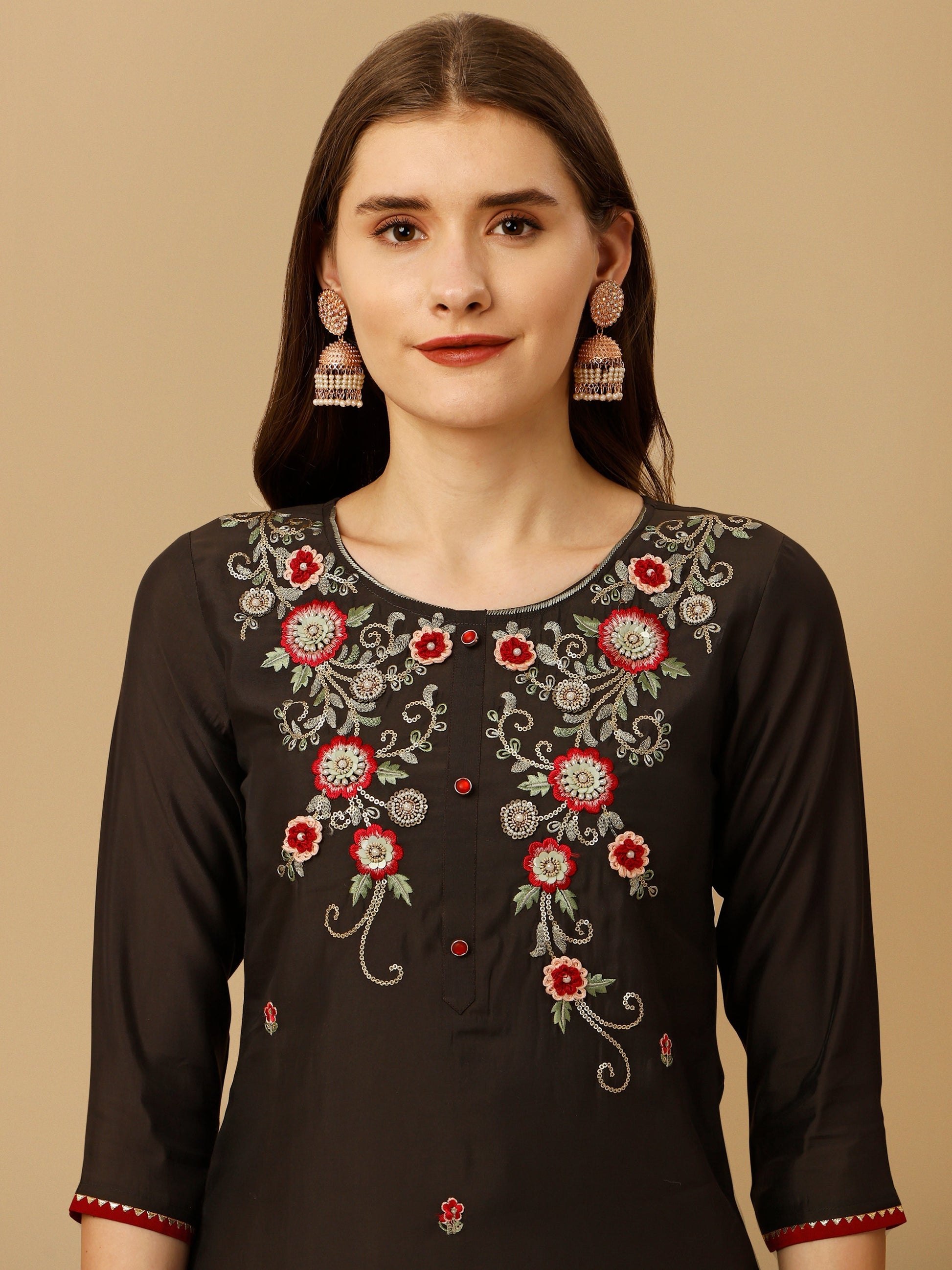 Hand Embroidered Kurta With Pant And Dupatta Set, Multicolor - Hiral Fashion