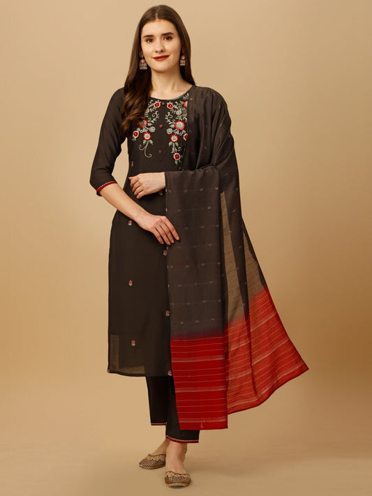 Hand Embroidered Kurta With Pant And Dupatta Set, Multicolor - Hiral Fashion