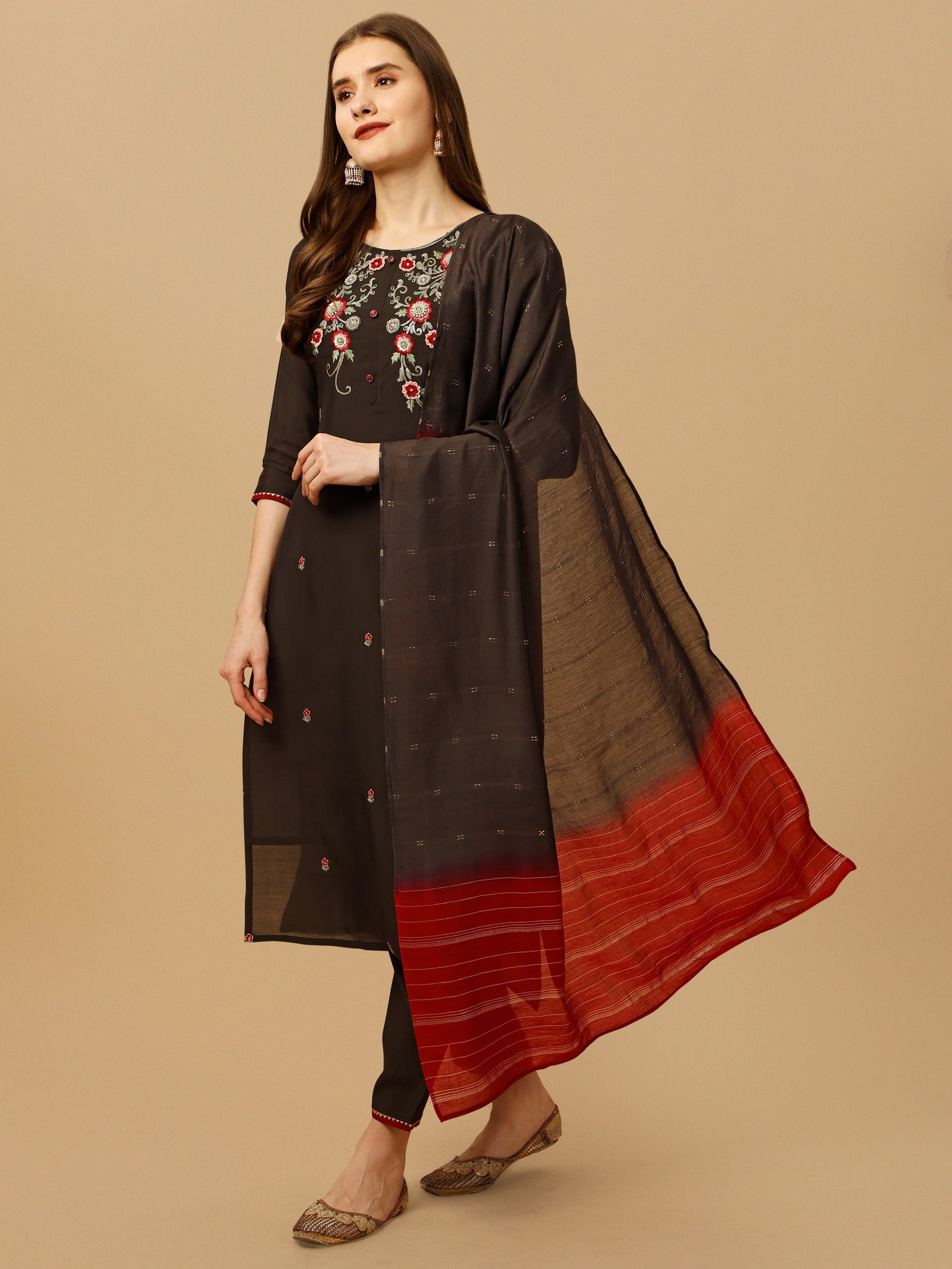 Hand Embroidered Kurta With Pant And Dupatta Set, Multicolor - Hiral Fashion