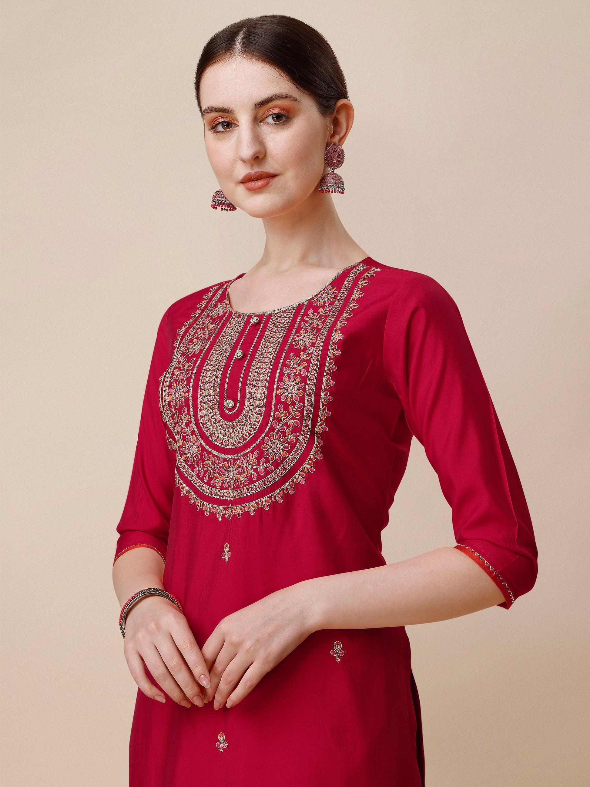 Embroidered Kurta With Pant And Dupatta Set, Multicolor - Hiral Fashion