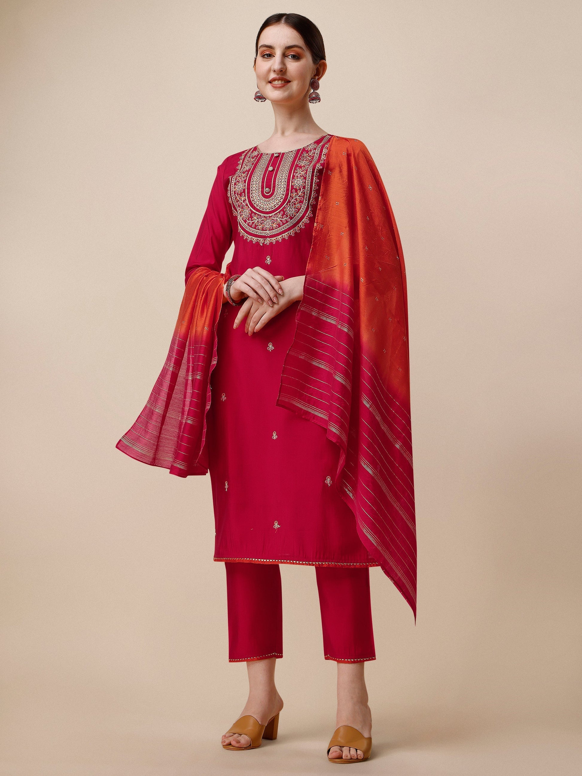 Embroidered Kurta With Pant And Dupatta Set, Multicolor - Hiral Fashion
