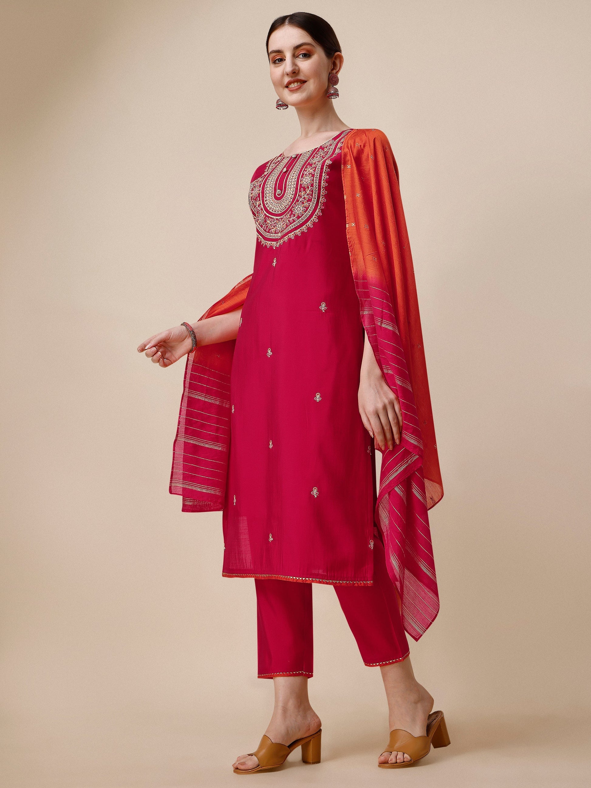 Embroidered Kurta With Pant And Dupatta Set, Multicolor - Hiral Fashion