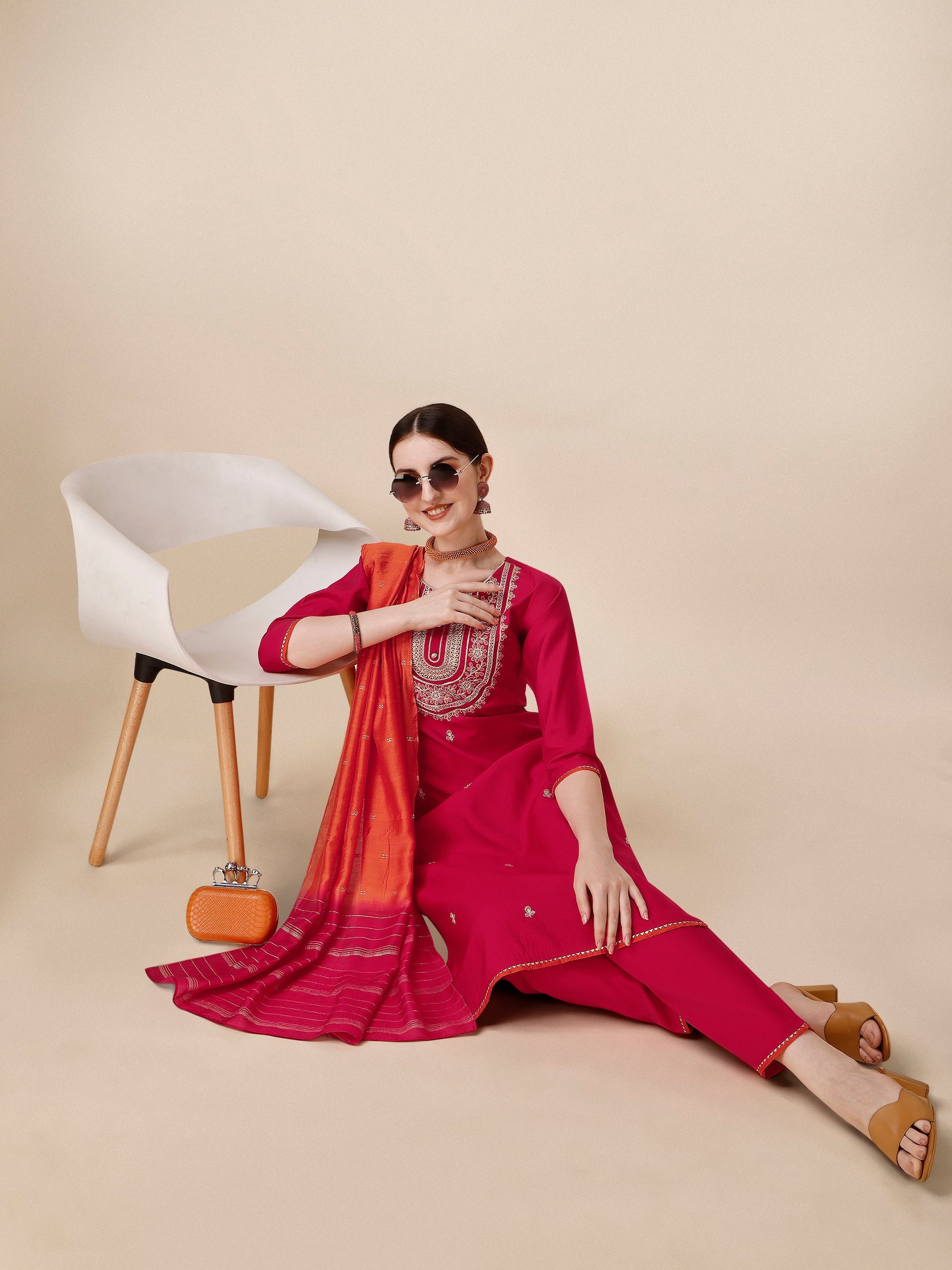 Embroidered Kurta With Pant And Dupatta Set, Multicolor - Hiral Fashion