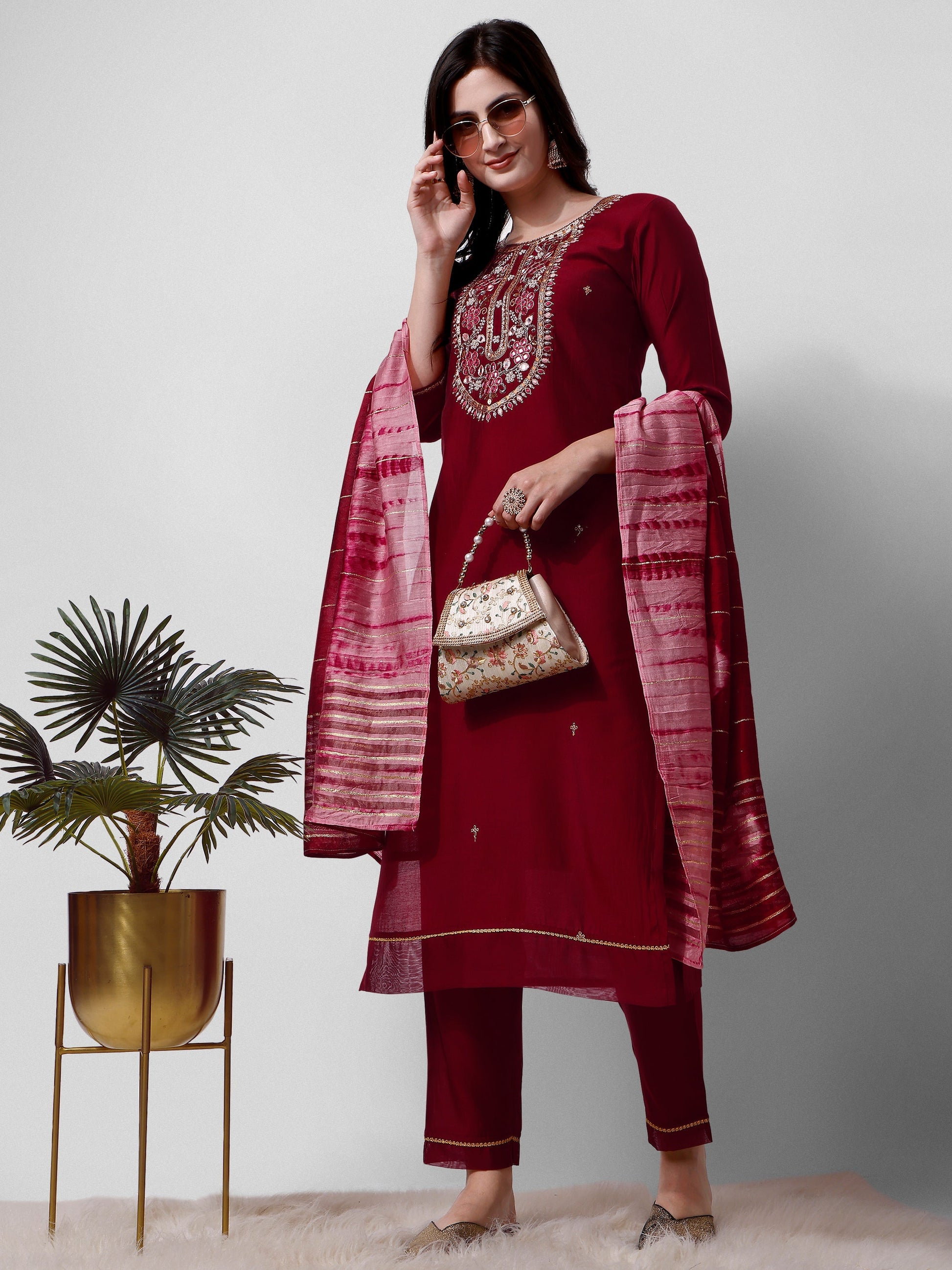 Embroidered Kurta With Pant And Dupatta Set, Multicolor - Hiral Fashion