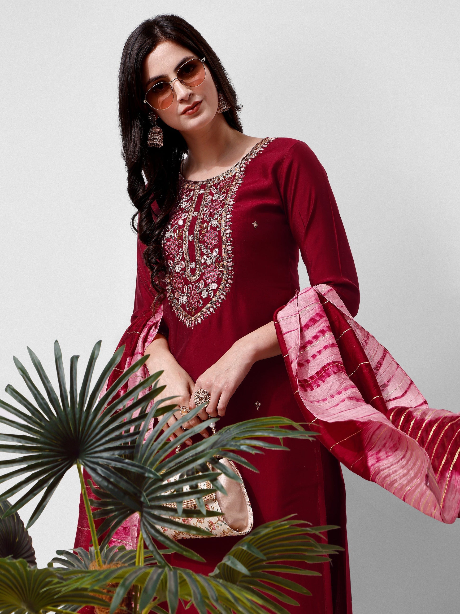 Embroidered Kurta With Pant And Dupatta Set, Multicolor - Hiral Fashion