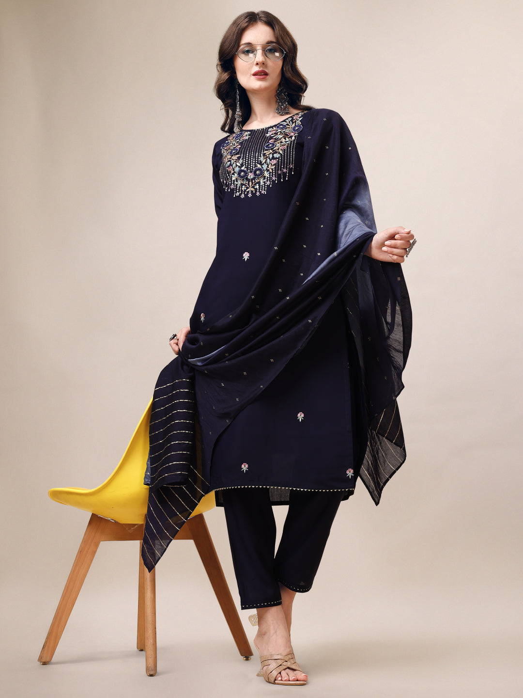 Hand Embroidered Kurta With Pant & Dupatta, Multicolor - Hiral Fashion