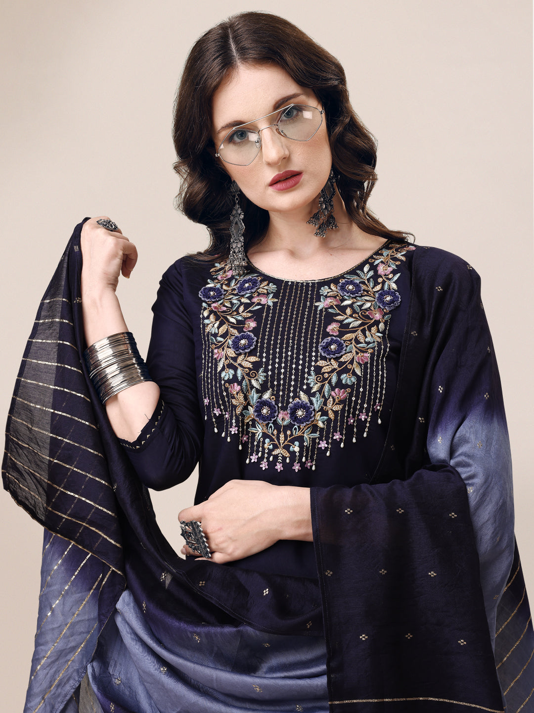 Hand Embroidered Kurta With Pant & Dupatta, Multicolor - Hiral Fashion