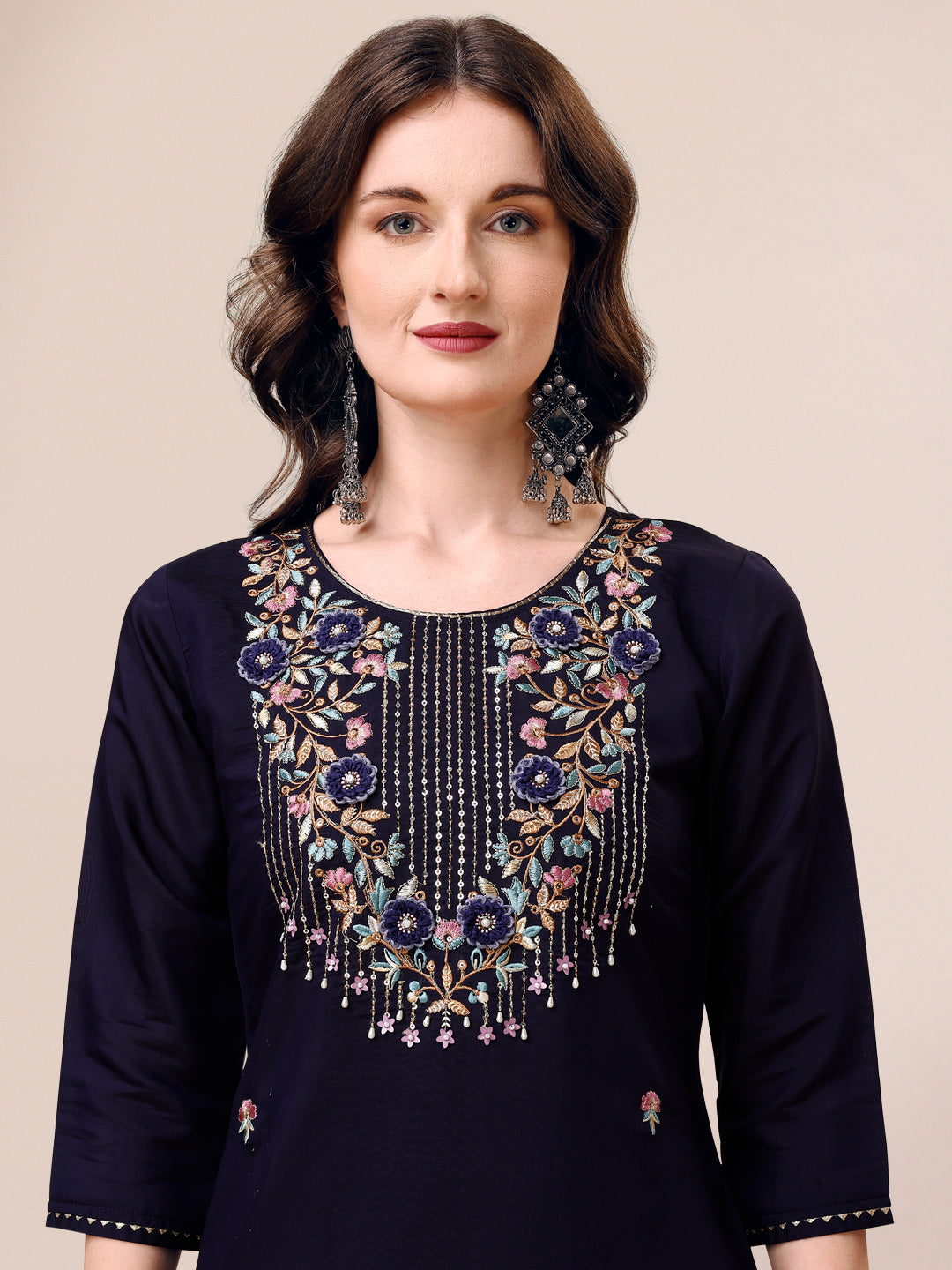Hand Embroidered Kurta With Pant & Dupatta, Multicolor - Hiral Fashion