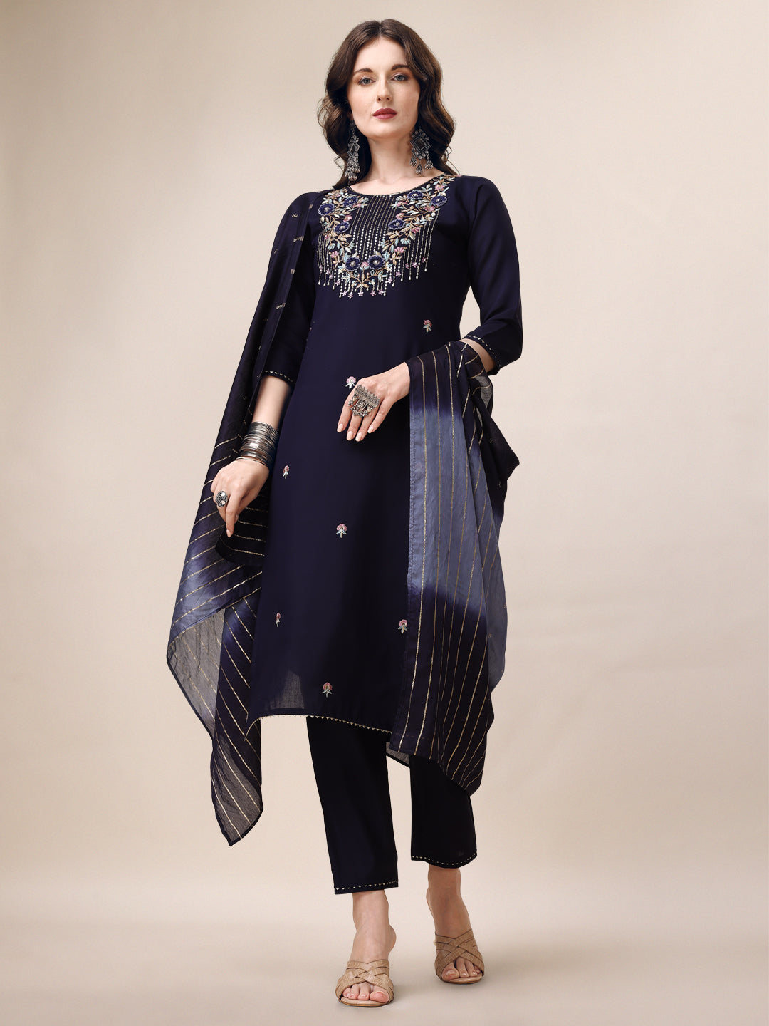 Hand Embroidered Kurta With Pant & Dupatta, Multicolor - Hiral Fashion