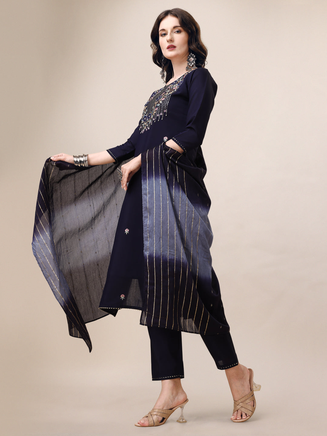 Hand Embroidered Kurta With Pant & Dupatta, Multicolor - Hiral Fashion