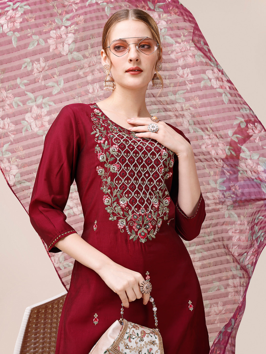 Mirror & Beads Hand Embroidered Kurta With Pant & Printed Organza Dupatta, Multicolor - Hiral Fashion