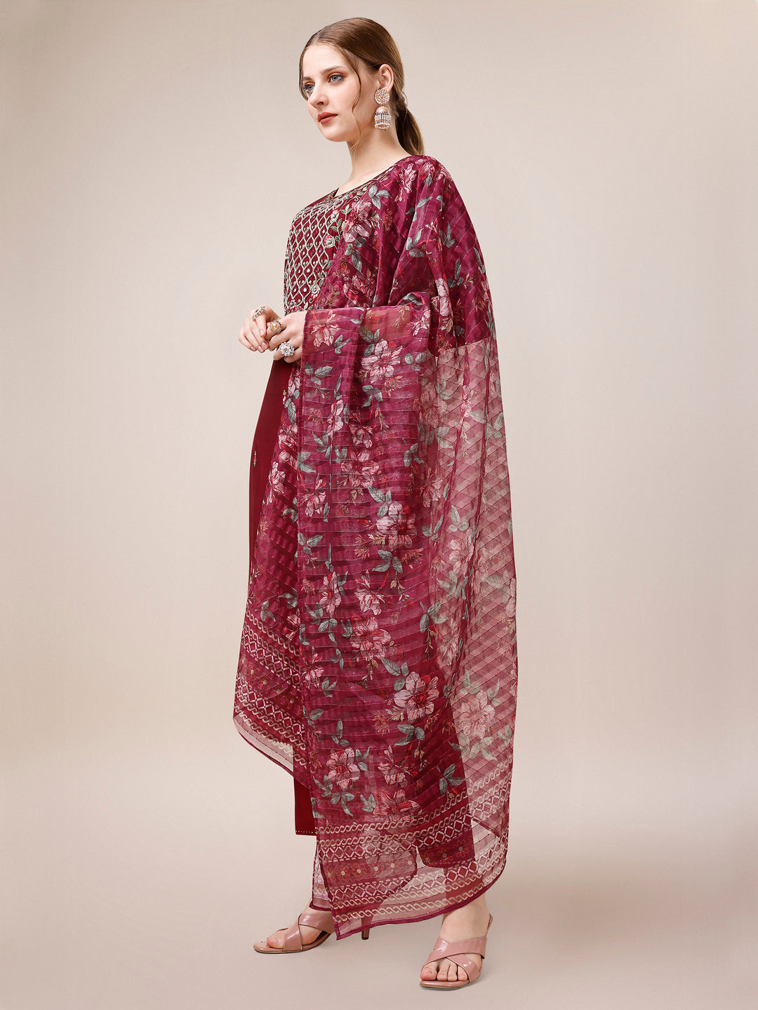 Mirror & Beads Hand Embroidered Kurta With Pant & Printed Organza Dupatta, Multicolor - Hiral Fashion