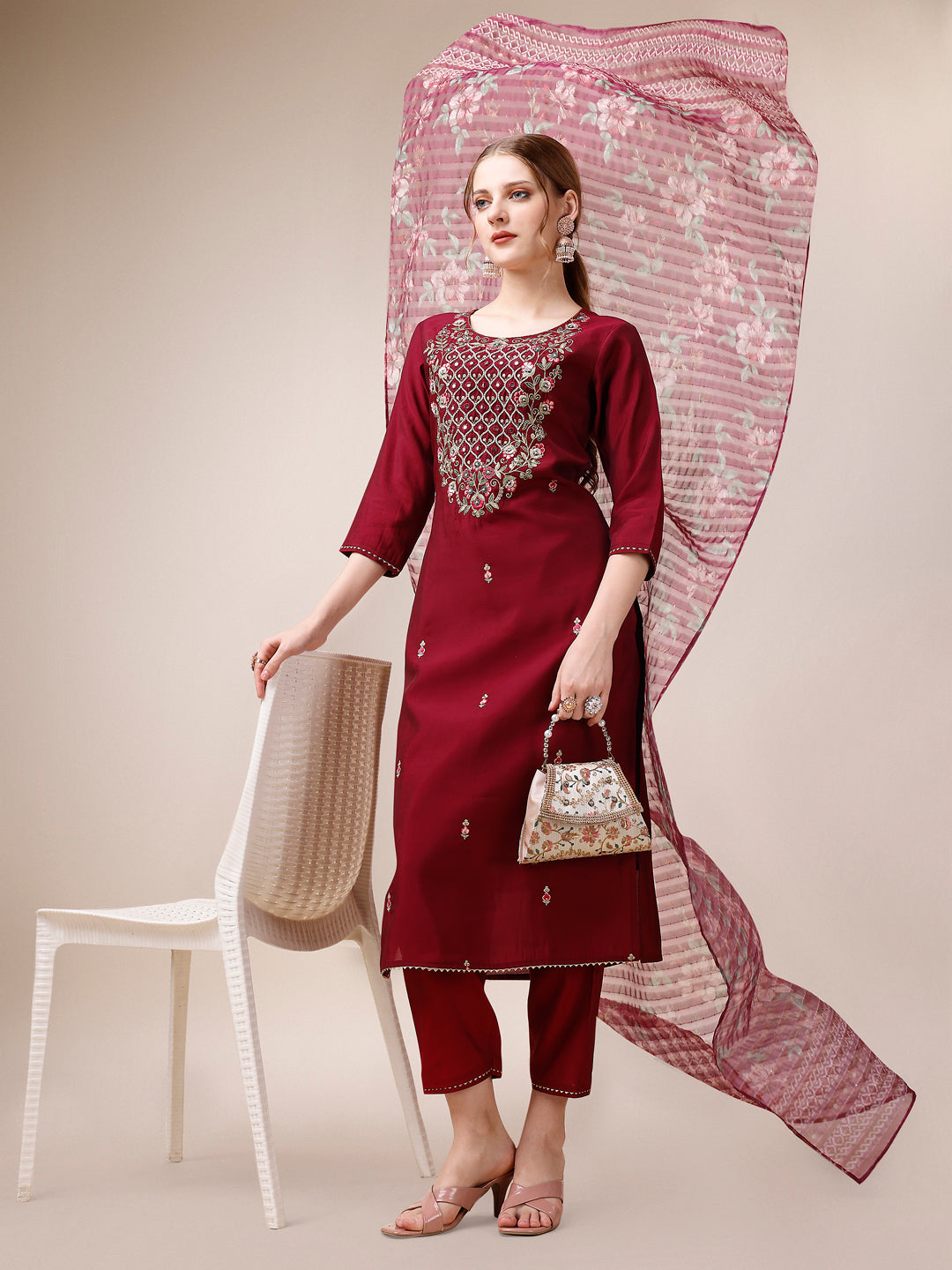 Mirror & Beads Hand Embroidered Kurta With Pant & Printed Organza Dupatta, Multicolor - Hiral Fashion