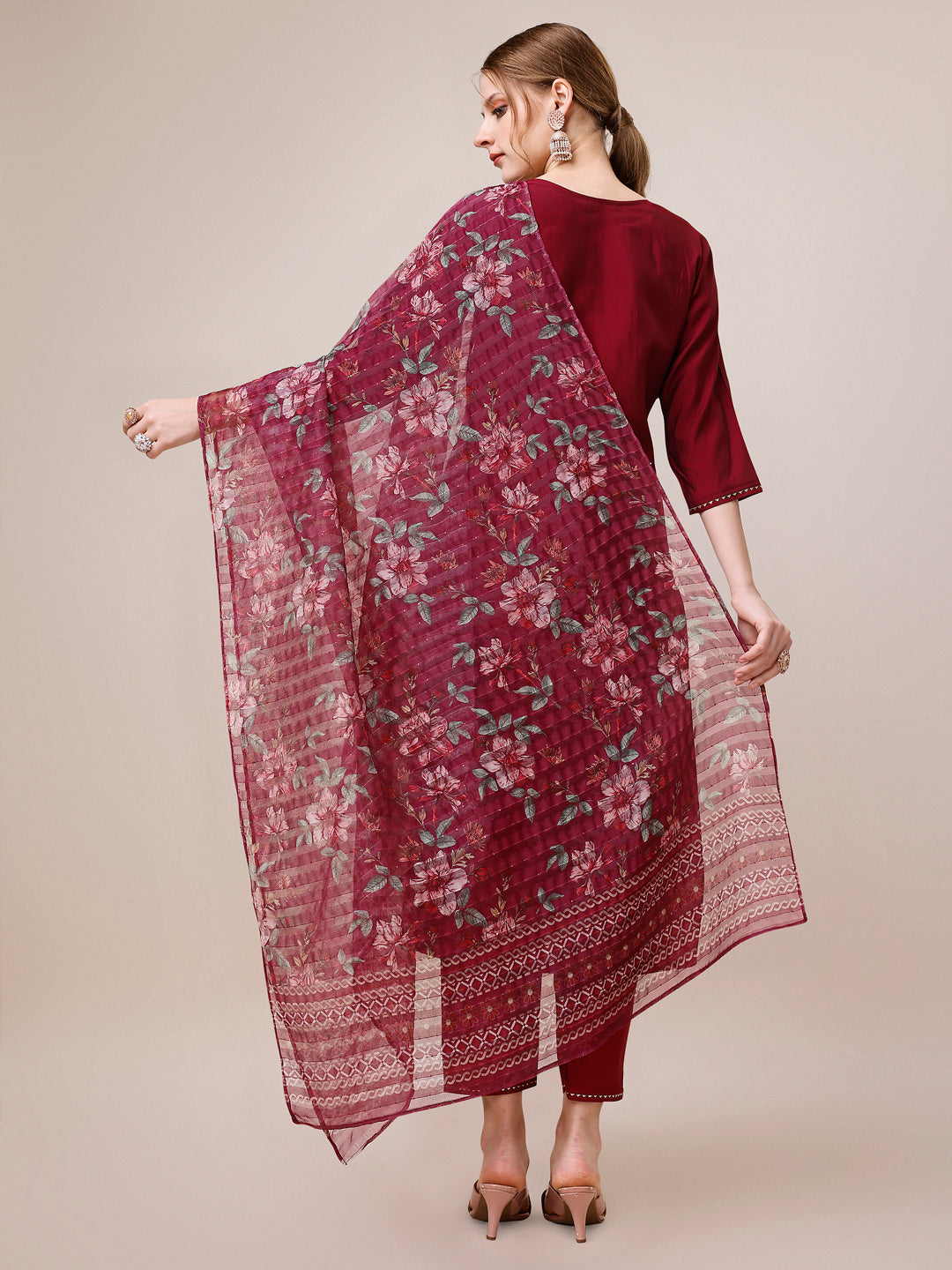 Mirror & Beads Hand Embroidered Kurta With Pant & Printed Organza Dupatta, Multicolor - Hiral Fashion