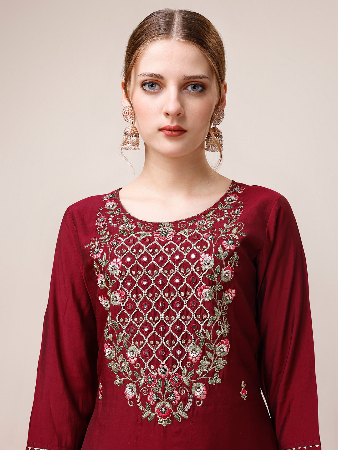 Mirror & Beads Hand Embroidered Kurta With Pant & Printed Organza Dupatta, Multicolor - Hiral Fashion