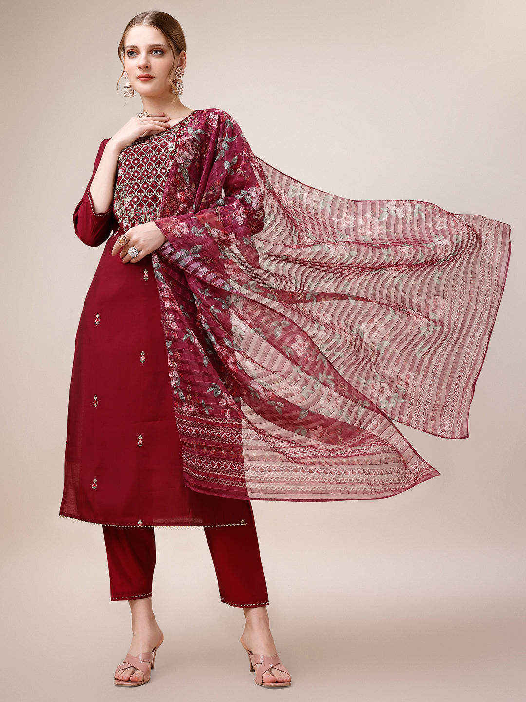 Mirror & Beads Hand Embroidered Kurta With Pant & Printed Organza Dupatta, Multicolor - Hiral Fashion
