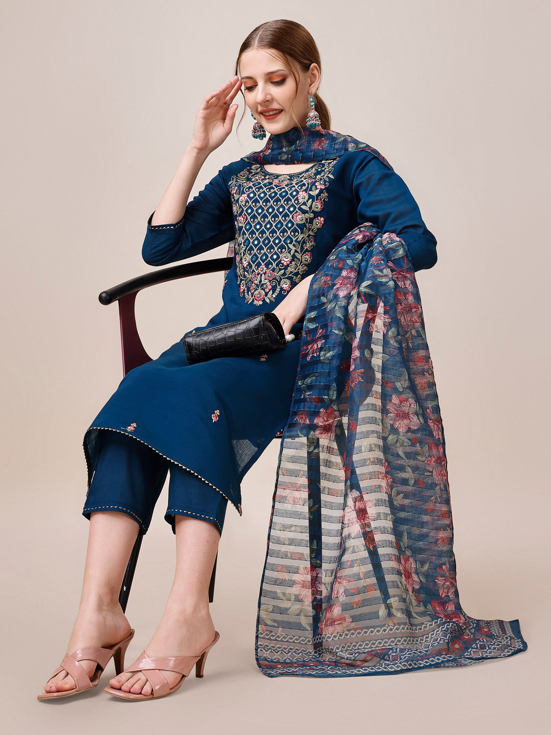 Hand Embroidered Kurta With Pant And Dupatta Set, Multicolor - Hiral Fashion