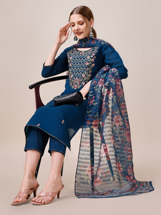 Hand Embroidered Kurta With Pant And Dupatta Set, Multicolor - Hiral Fashion