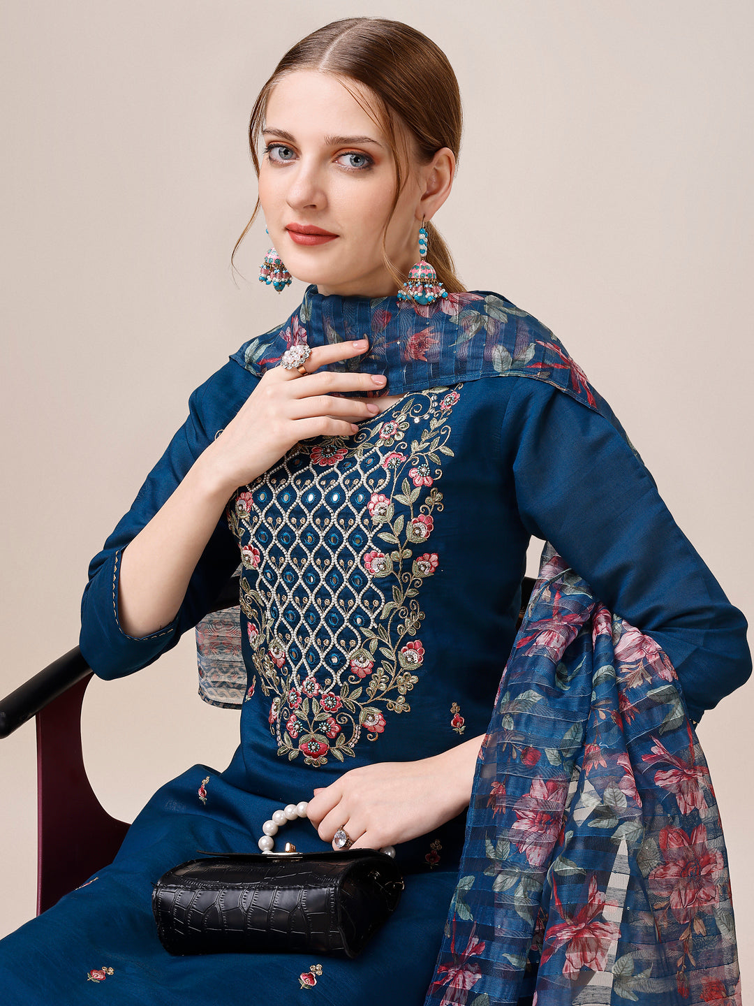 Hand Embroidered Kurta With Pant And Dupatta Set, Multicolor - Hiral Fashion